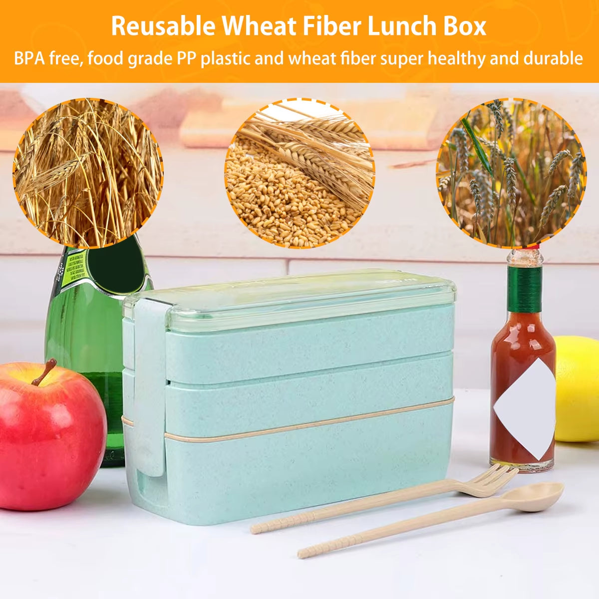 900Ml Bento Box for Kids 3 Stackable Lunch Box Leak-Proof Portable Lunch Food Container Wheat Straw Food Storage Box Dishwasher