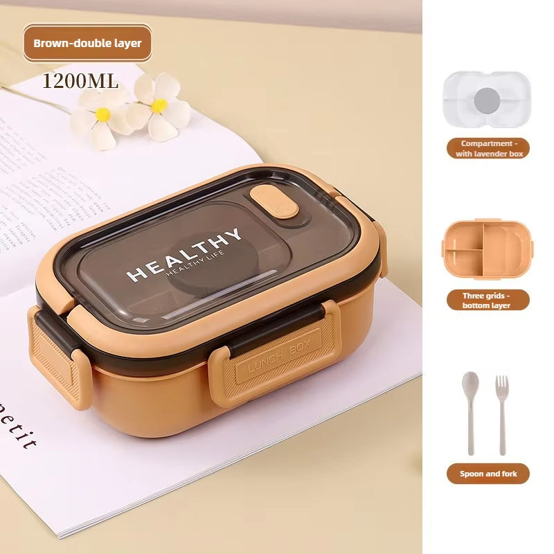 1200ML Double Layer Lunch Box Portable Compartment Salah Fruit Food Box Microwave Lunch Fork and Spoon Picnic Fresh Box