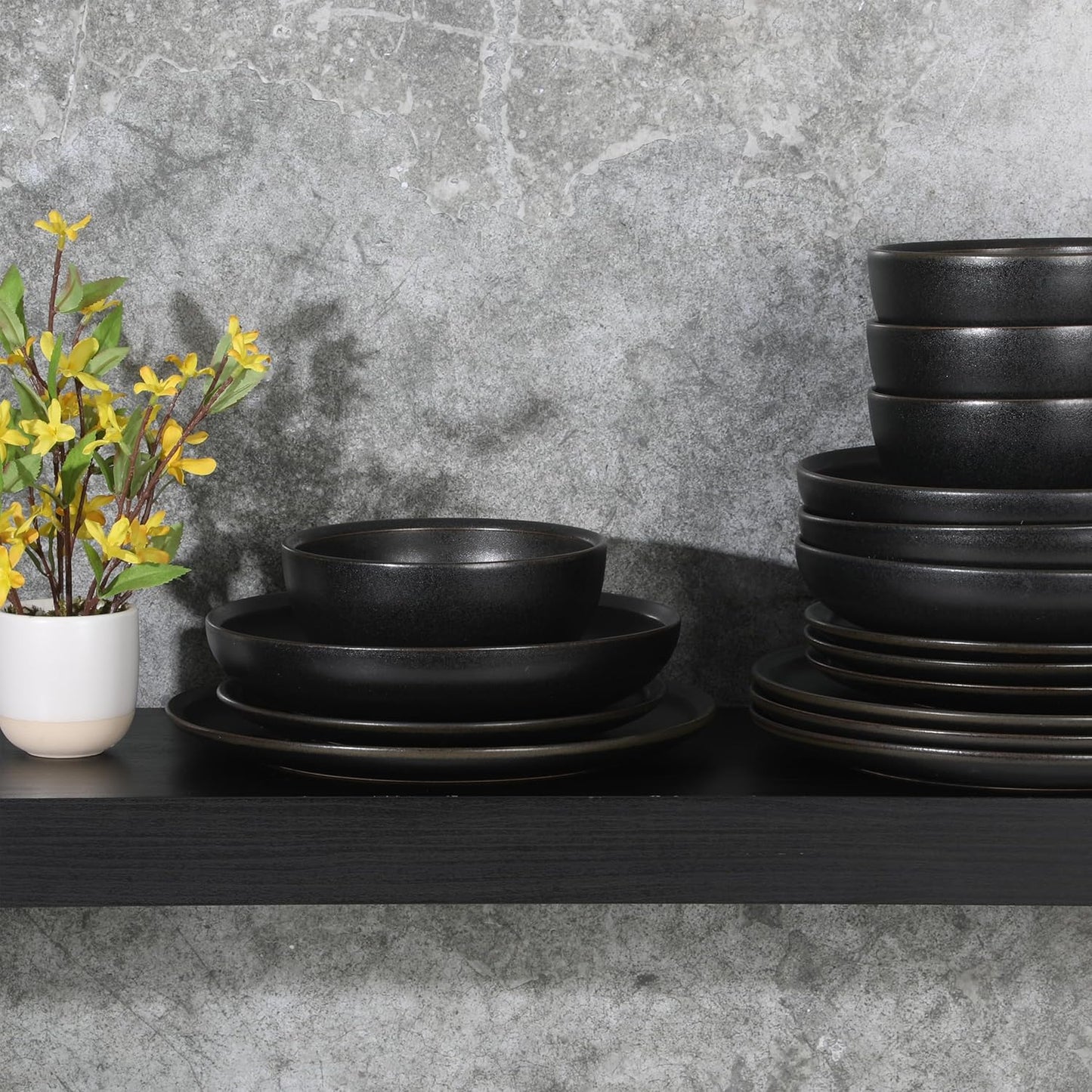 Beckett Stoneware Matte Reactive Glaze 16 Piece (Service for 4) Plates and Bowls Dinnerware Set - Black