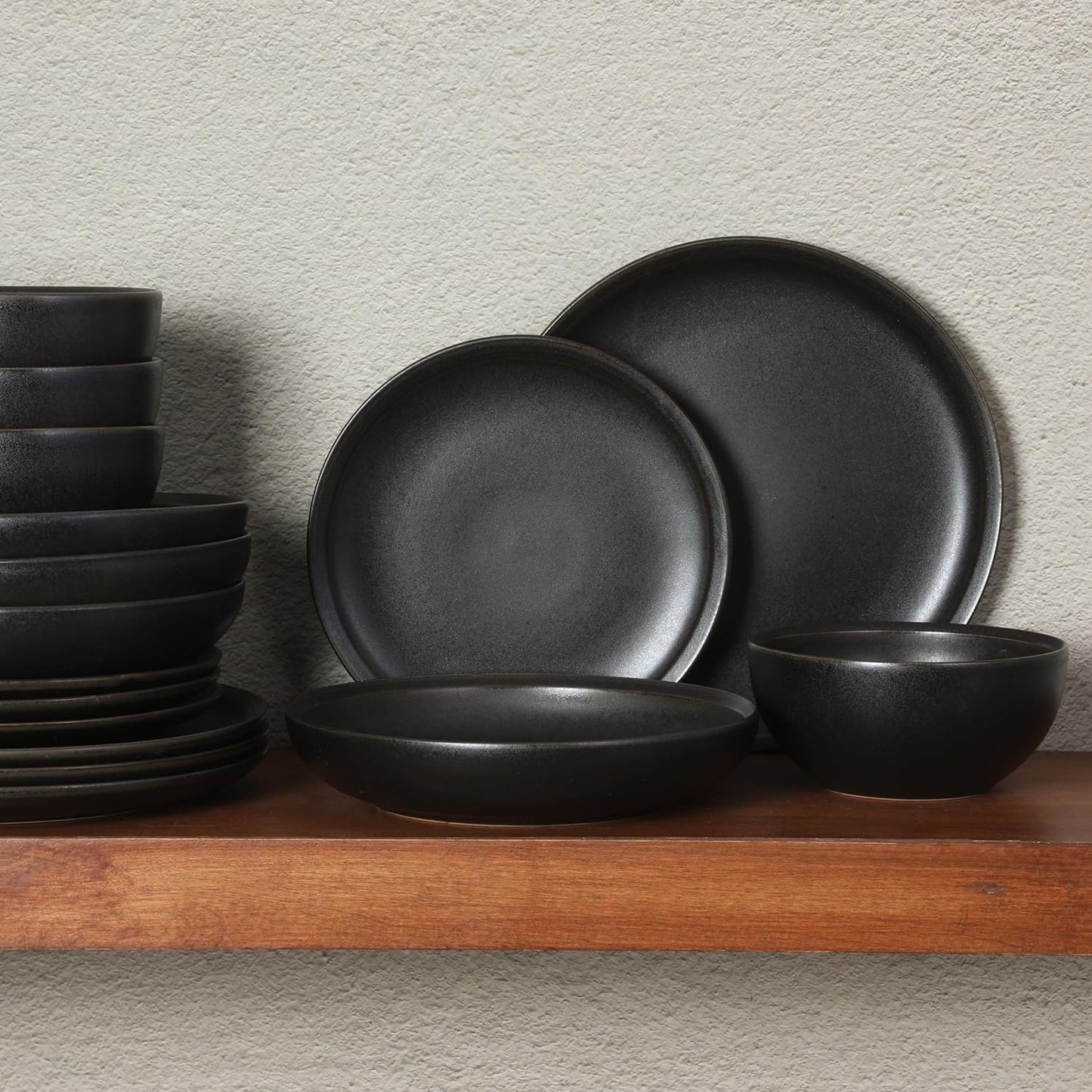 Beckett Stoneware Matte Reactive Glaze 16 Piece (Service for 4) Plates and Bowls Dinnerware Set - Black