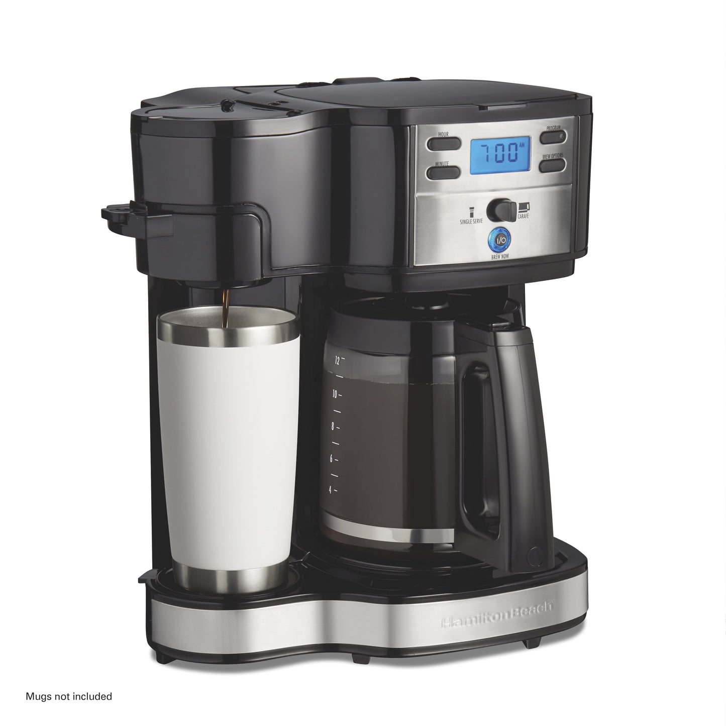 2-Way Programmable Coffee Maker, Single-Serve and 12-Cup Pot, Glass Carafe, Stainless Steel, New, 47650