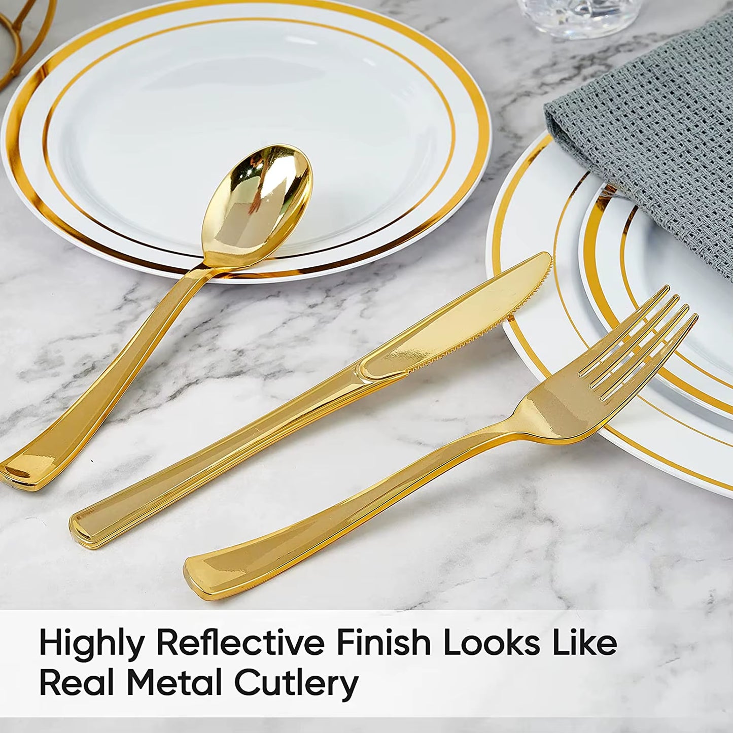 75 Pieces Gold Plastic Silverware- Party Flatware Set-Heavyweight Plastic Cutlery- Includes 25 Forks, 25 Spoons, 25 Knives