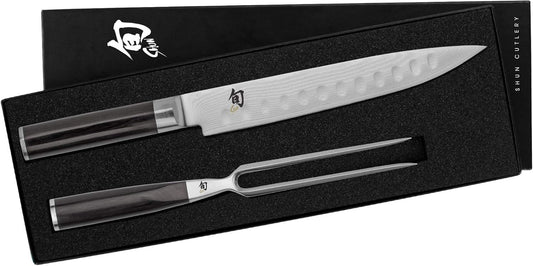 Classic 2 Piece Carving Set, Includes 9" Classic Hollow Ground Slicing Knife and Carving Fork, Handcrafted Japanese Set, VG-MAX Core with Damascus Stainless Steel Cladding, Pakkawood Handle