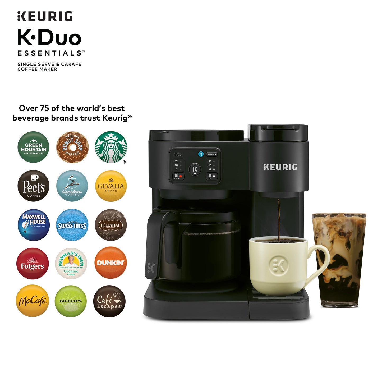 K-Duo Essentials, Hot & Iced Single-Serve K-Cup Pod Coffee Maker & Carafe, Black