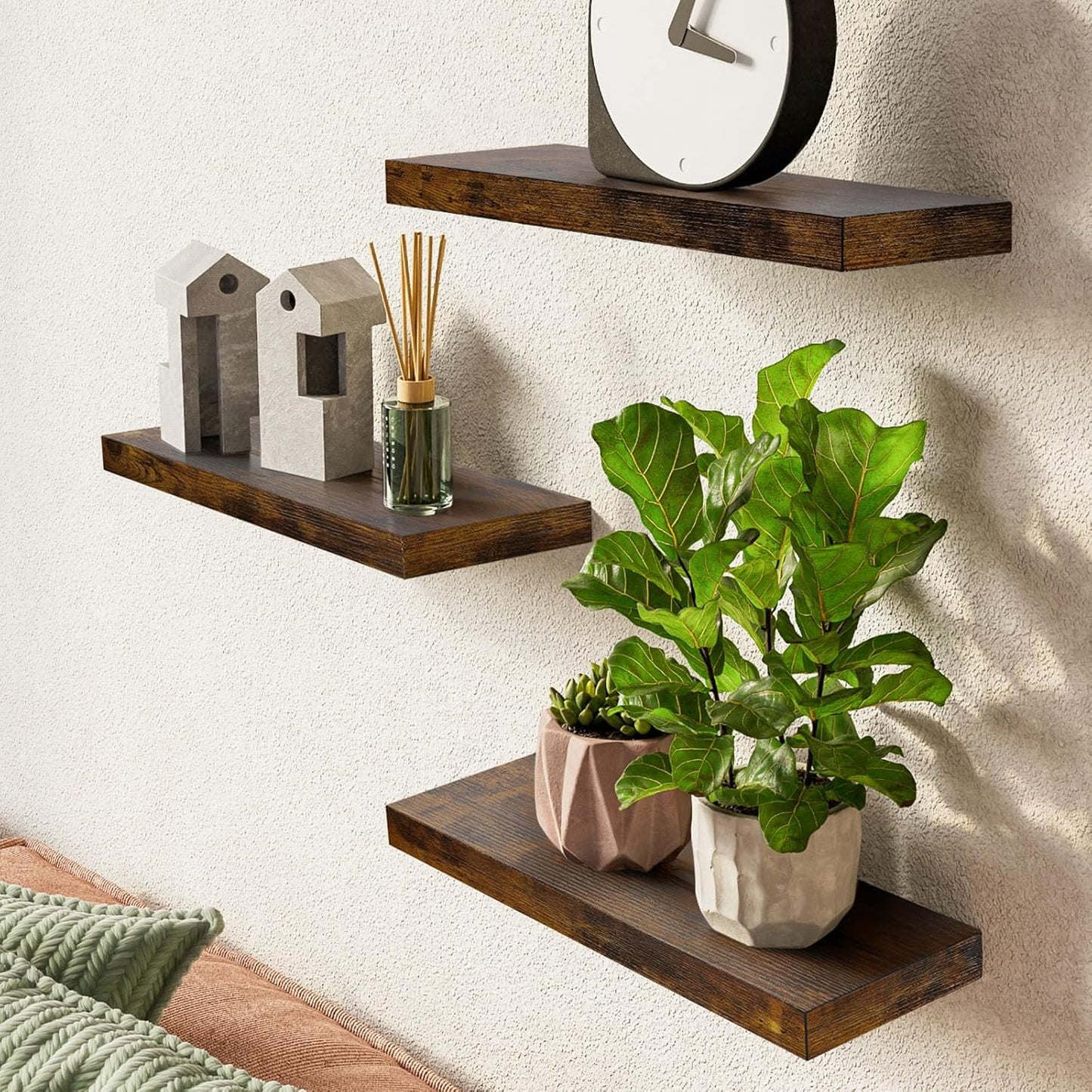 Floating Wood Shelves - Wall Mounted for Bathroom,Bedroom,Living Room,Kitchen,Small Hanging Shelf for Books/Storage/Room Decor with 22Lbs Capacity(Rustic Brown,Set of 3,15.7Inch)