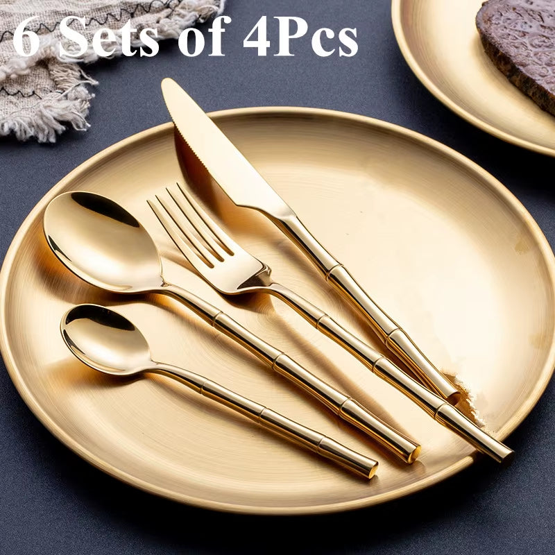 18/10 Cutlery Set Stainless Steel Steak Knife Fork Bamboo Design Golden Dinnerware Set Silver Flatware Set for 6