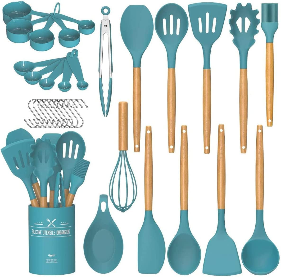 Kitchen Cooking Utensils Set, 33 Pcs Non-Stick Silicone Cooking Kitchen Utensils Spatula Set with Holder, Wooden Handle Silicone Kitchen Gadgets Utensil Set (Khaki)