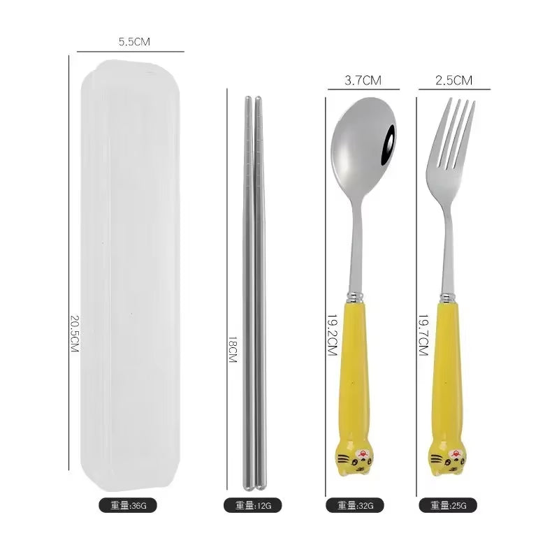 Portable Cartoon Tableware with Case Kitchen Utensils Reusable Flatware Silverware Include Fork Spoon for Children