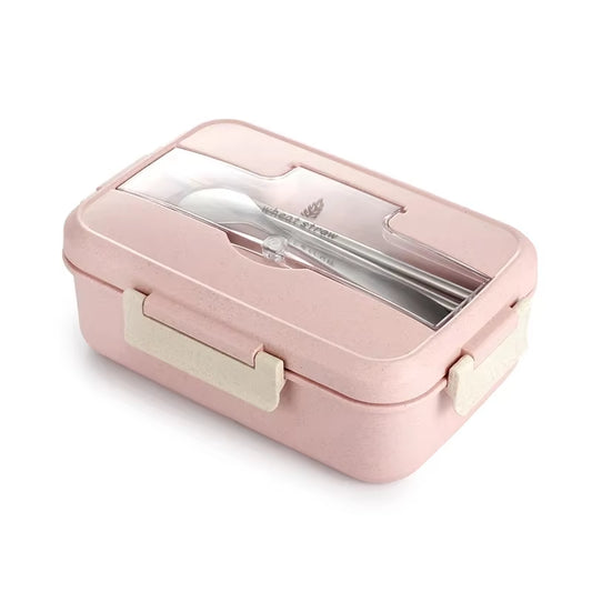 Microwave Lunch Box Wheat Straw Dinnerware with Spoon Chopsticks Food Storage Container Children Kids School Office Bento Box