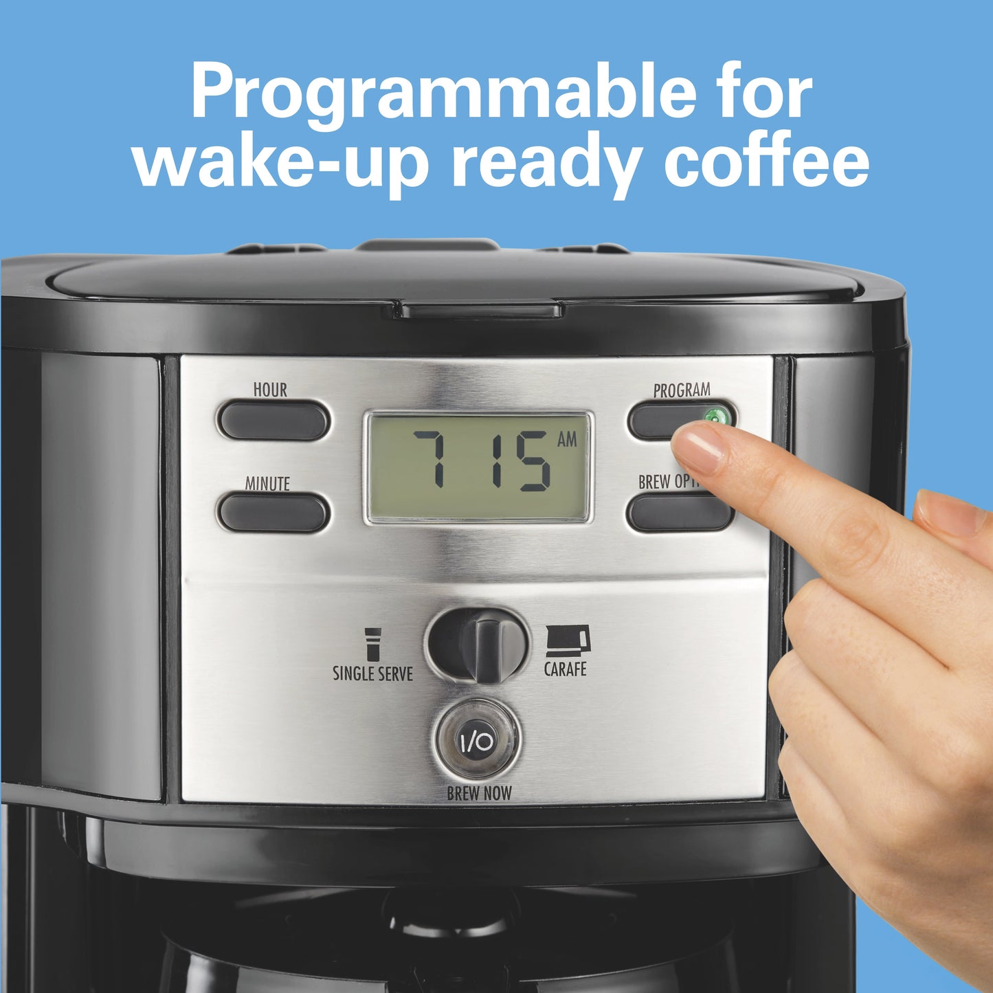 2-Way Programmable Coffee Maker, Single-Serve and 12-Cup Pot, Glass Carafe, Stainless Steel, New, 47650