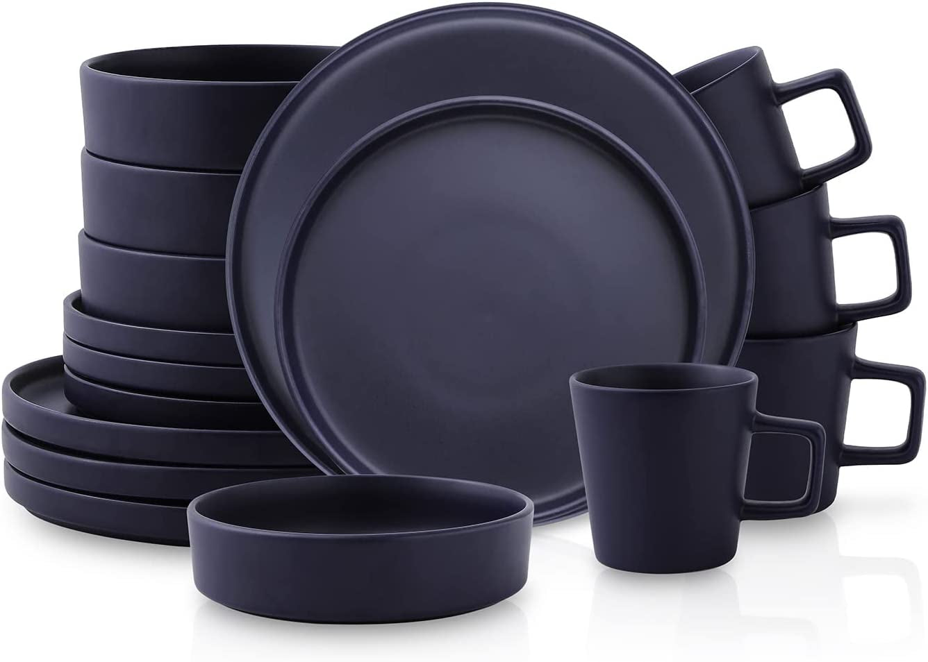 Cleo Modern Stoneware 16-Piece Dinnerware Set, Plates and Bowls Set, Dish Set Service for 4, Dark Blue