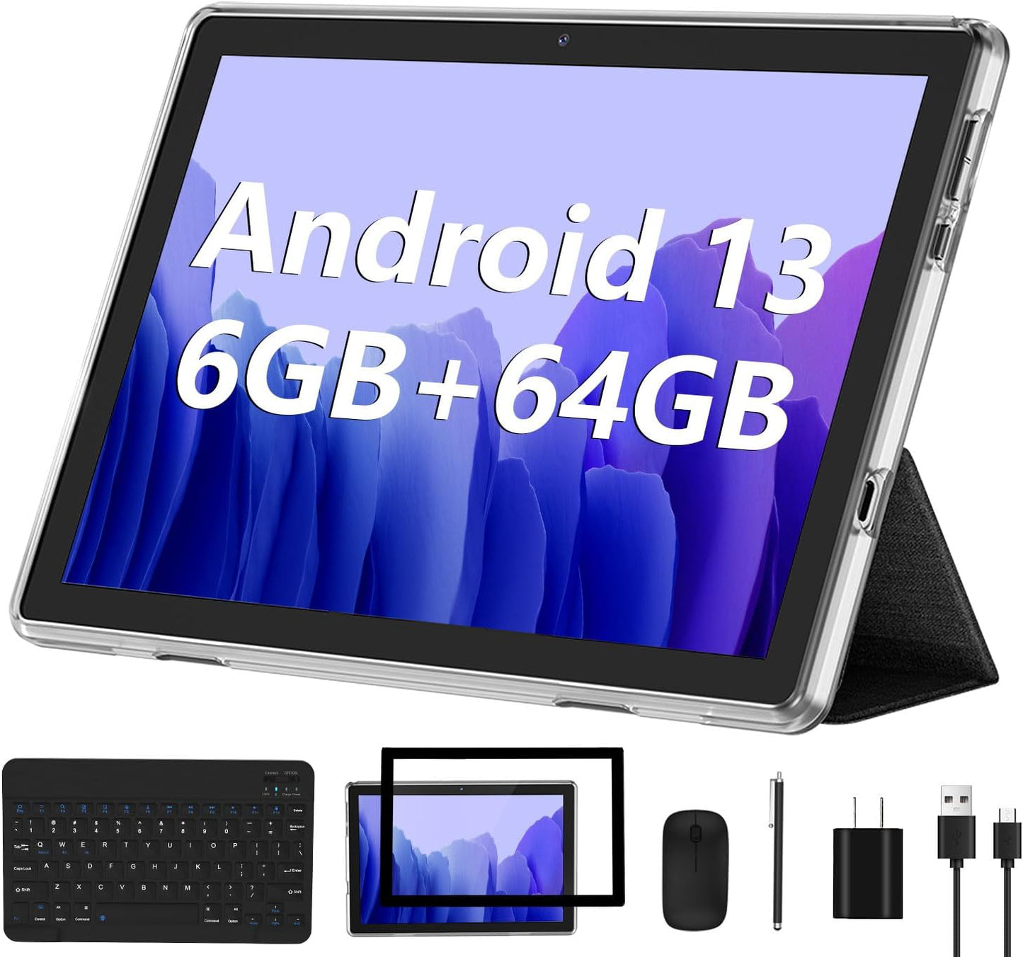 Android Tablet, 10.1 Inch Android 13 Tablets 6GB RAM 64GB ROM 1TB Expand, 1280X800 IPS HD Touchscreen,6000Mah Battery, Bluetooth, Dual Camera, GMS, Wifi （Silver