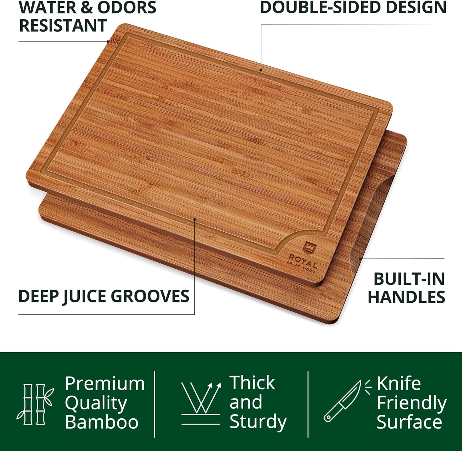 Wooden Cutting Boards for Kitchen Meal Prep & Serving - Bamboo Wood Serving Board Set with Deep Juice Groove Side Handles - Charcuterie & Chopping Butcher Block for Meat (3 Pcs)