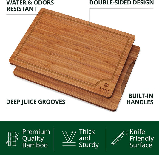 Wooden Cutting Boards for Kitchen Meal Prep & Serving - Bamboo Wood Serving Board Set with Deep Juice Groove Side Handles - Charcuterie & Chopping Butcher Block for Meat (3 Pcs)