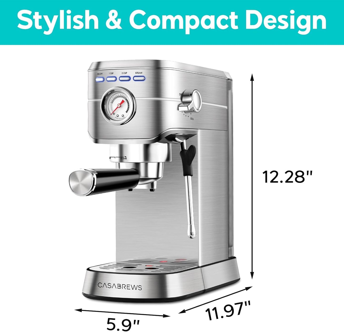 Espresso Machine 20 Bar, Professional Espresso Maker with Milk Frother Steam Wand, Compact Espresso Coffee Machine with 34Oz Removable Water Tank for Cappuccino, Latte, Silver