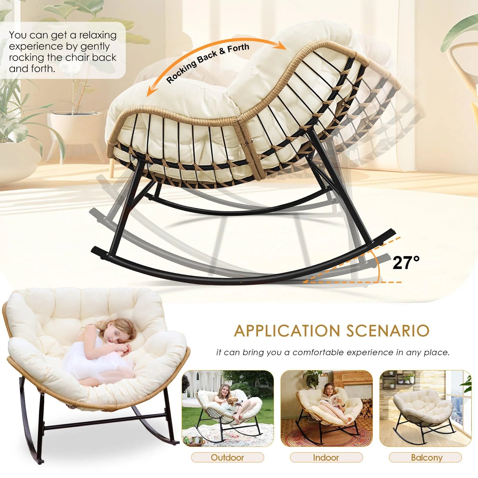 Modern Beige-1 Chair Outdoor Patio Papasan Rocking Chair with Adjustable Height