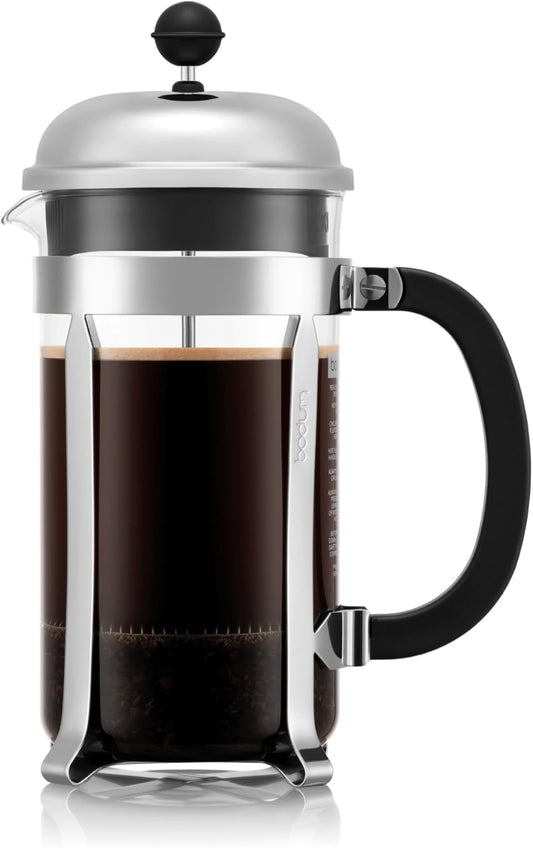 34Oz Chambord French Press Coffee Maker, High-Heat Borosilicate Glass, Polished Stainless Steel – Made in Portugal