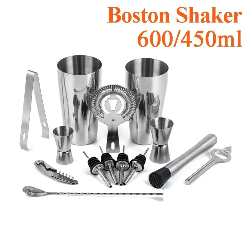 Stainless Steel Cocktail Shaker Set Mixer Bartender Kit Cobbler Boston Shaker Bars Set Tools Jigger Mixer Muddler Pourer Spoon