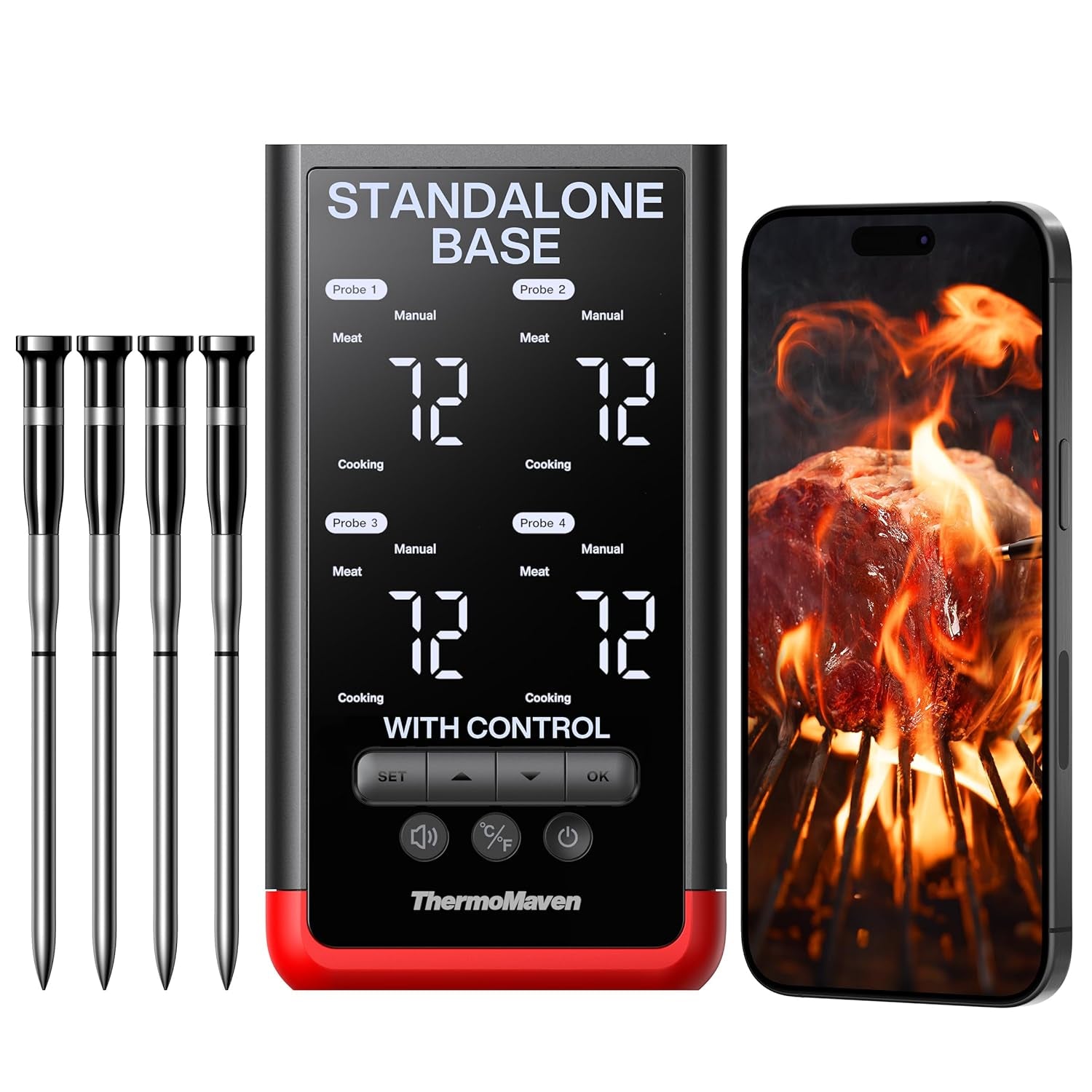 Wireless Bluetooth Smart Meat Thermometer: Standalone Base, Wifi Unlimited Range, 6 Sensors with NIST Certified Accuracy, 2 Probes, for BBQ, Grill, Oven, Smoker, Rotisserie (Red)