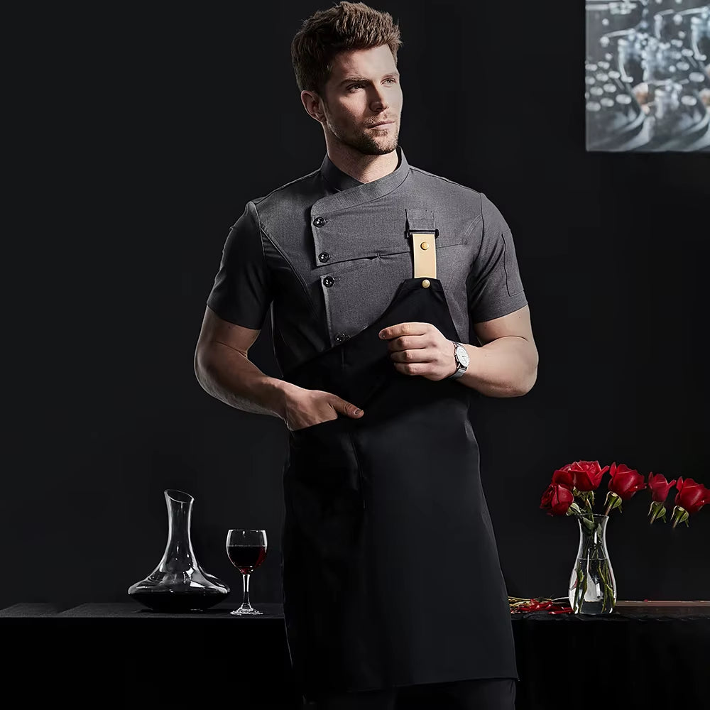 Khaki Chef Uniform Catering Workwear Head Chef Shirts Cooking Coat Chef Jacket Summer Restaurant Barber Shop Waiter Shirt Apron