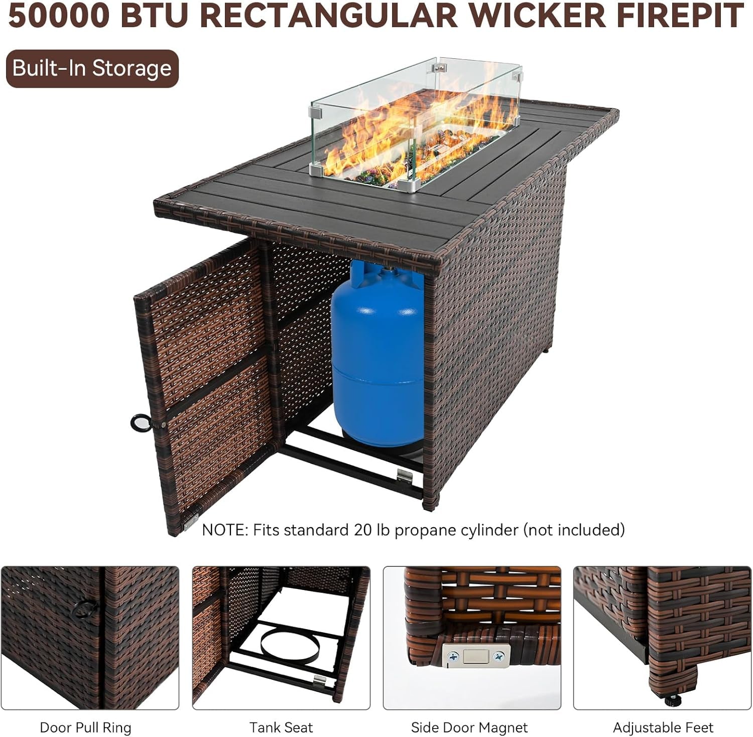 44 Inch Propane Fire Pit Table 50000 BTU Firepits Table with Lid Rectangular Rattan Gas Fire Pits for outside Patio with Glass Wind Guard Glass Rocks Water-Proof Cover,Brown