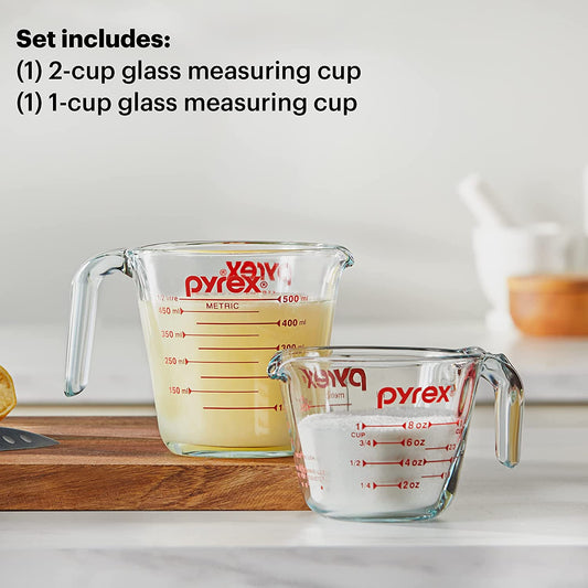 2 Piece Glass Measuring Cup Set, Includes 1-Cup, and 2-Cup Tempered Glass Liquid Measuring Cups, Dishwasher, Freezer, Microwave, and Preheated Oven Safe, Essential Kitchen Tools