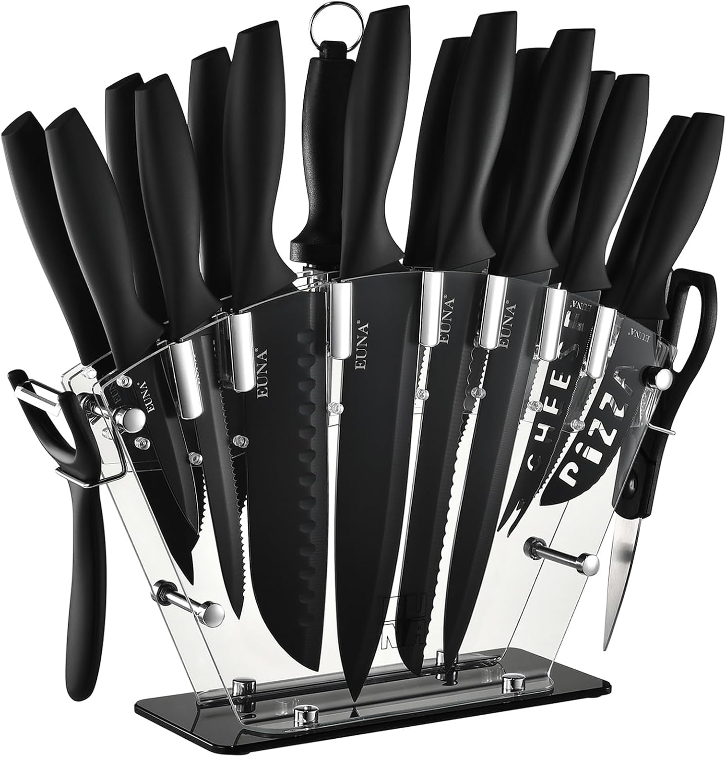 Knife Block Set, 19 PCS Kitchen Knife Set with Acrylic Block and Sharpener, German High-Carbon Stainless Steel Knife Sets with 6 Serrated Steak Knives, Bread Knife, Chef Knife, Dishwasher Safe