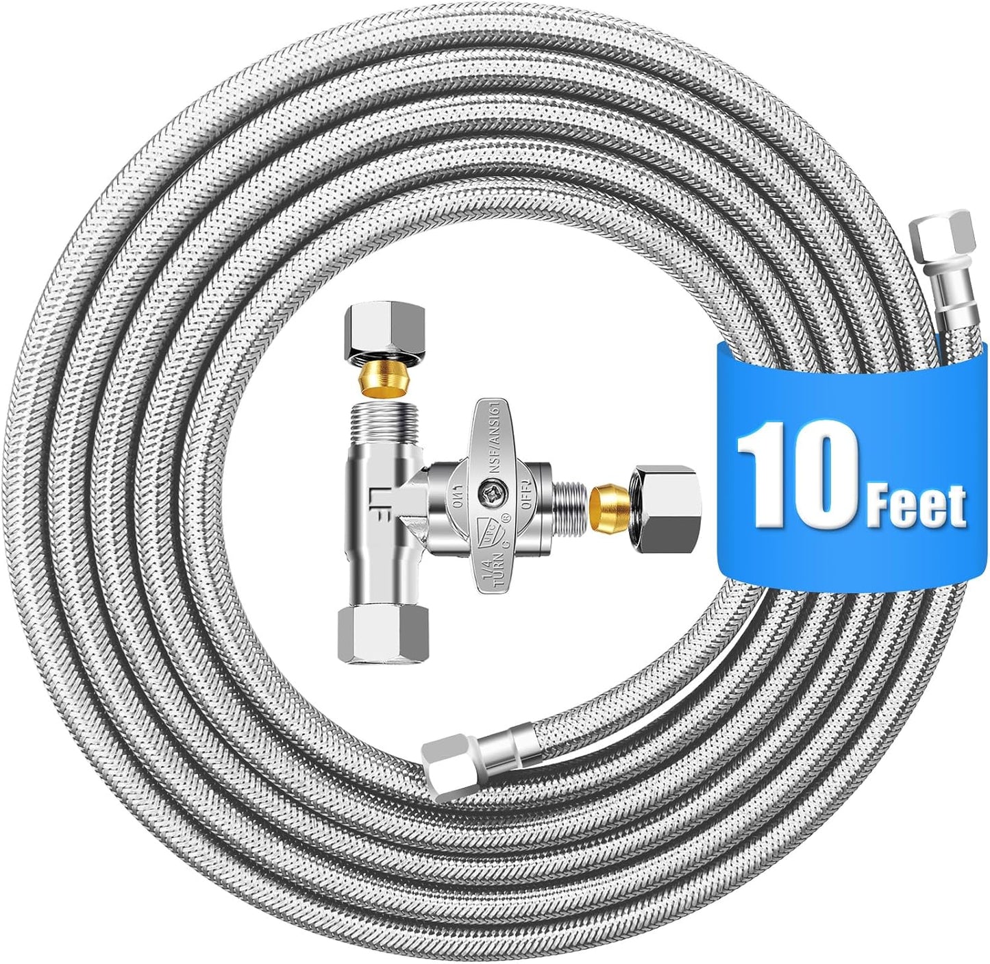 Refrigerator Water Line Kit - 15FT Stainless Steel Braided Ice Maker Water Line with Tee Stop Valve,Foodgrade PEX Inner Hose Fridge Water Line with 1/4" Comp Fitting and Tee Valve