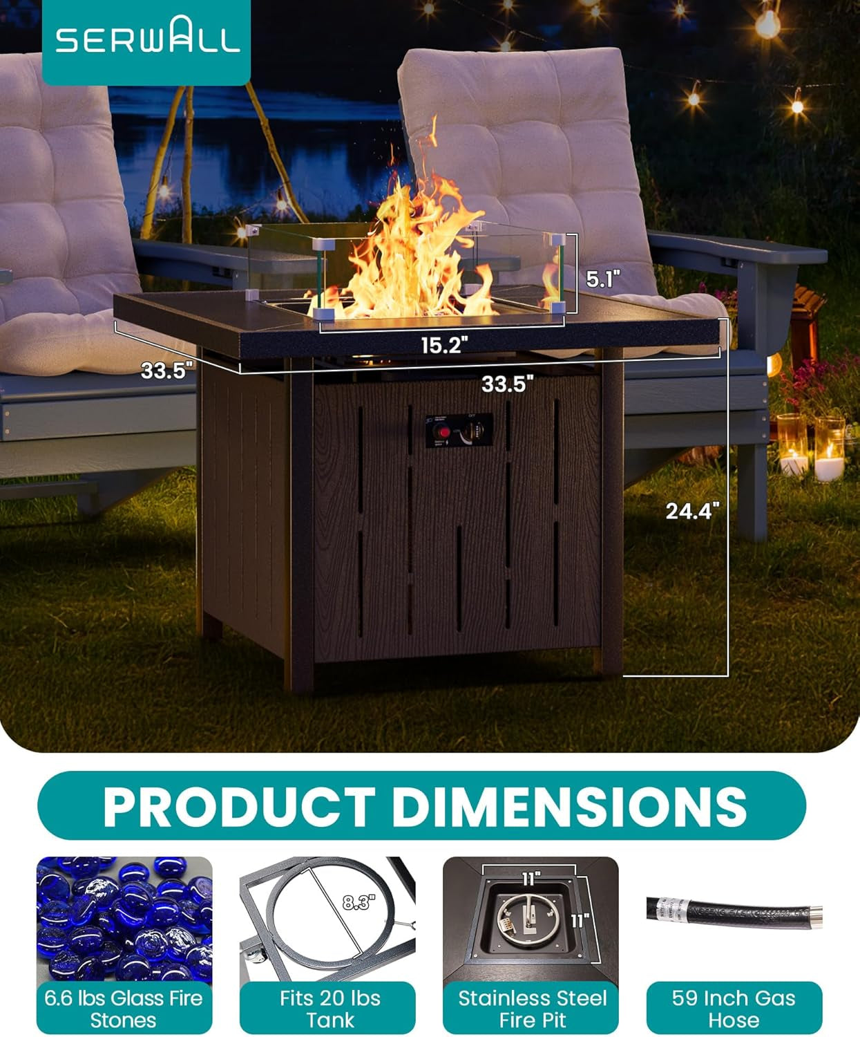 Propane Fire Pit Table, 33 Inch Square Outdoor Fire Table with Lid and Glass Rock, 50,000 BTU Gas Fire Pit Table with Glass Wind Guard, HDPE Outdoor Fireplace for Patio, Outside, Party, Black