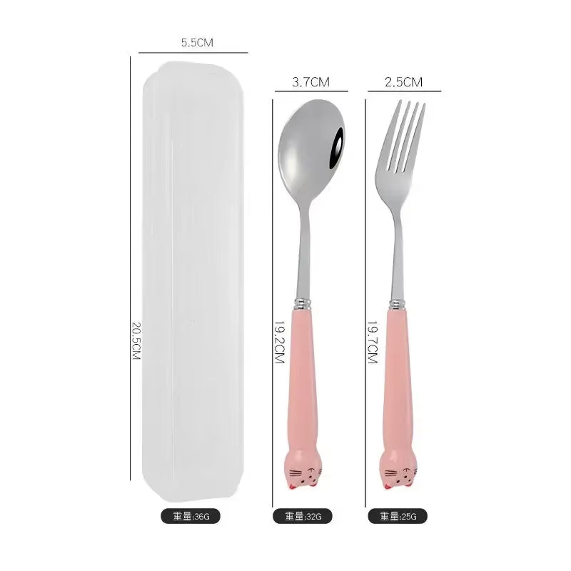 Portable Cartoon Tableware with Case Kitchen Utensils Reusable Flatware Silverware Include Fork Spoon for Children