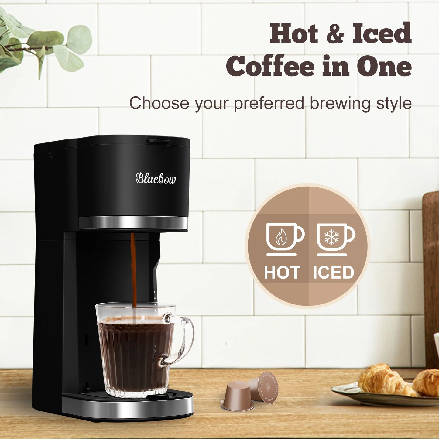 Hot & Iced Coffee Maker, 3 in 1 Single Serve Brew for K Cup, Ground Coffee & Tea, 6-12Oz Brew Size, Black