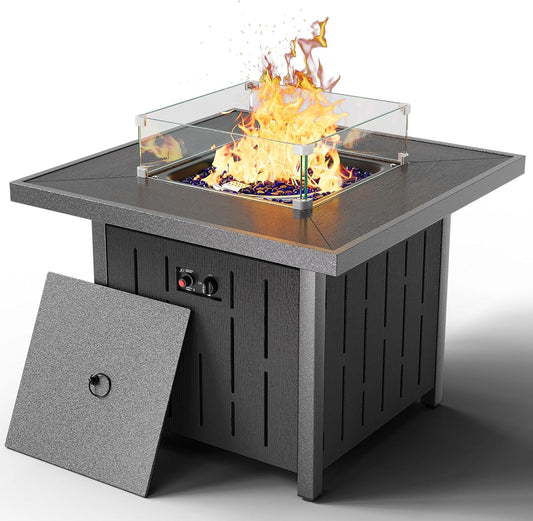 Propane Fire Pit Table, 33 Inch Square Outdoor Fire Table with Lid and Glass Rock, 50,000 BTU Gas Fire Pit Table with Glass Wind Guard, HDPE Outdoor Fireplace for Patio, Outside, Party, Black