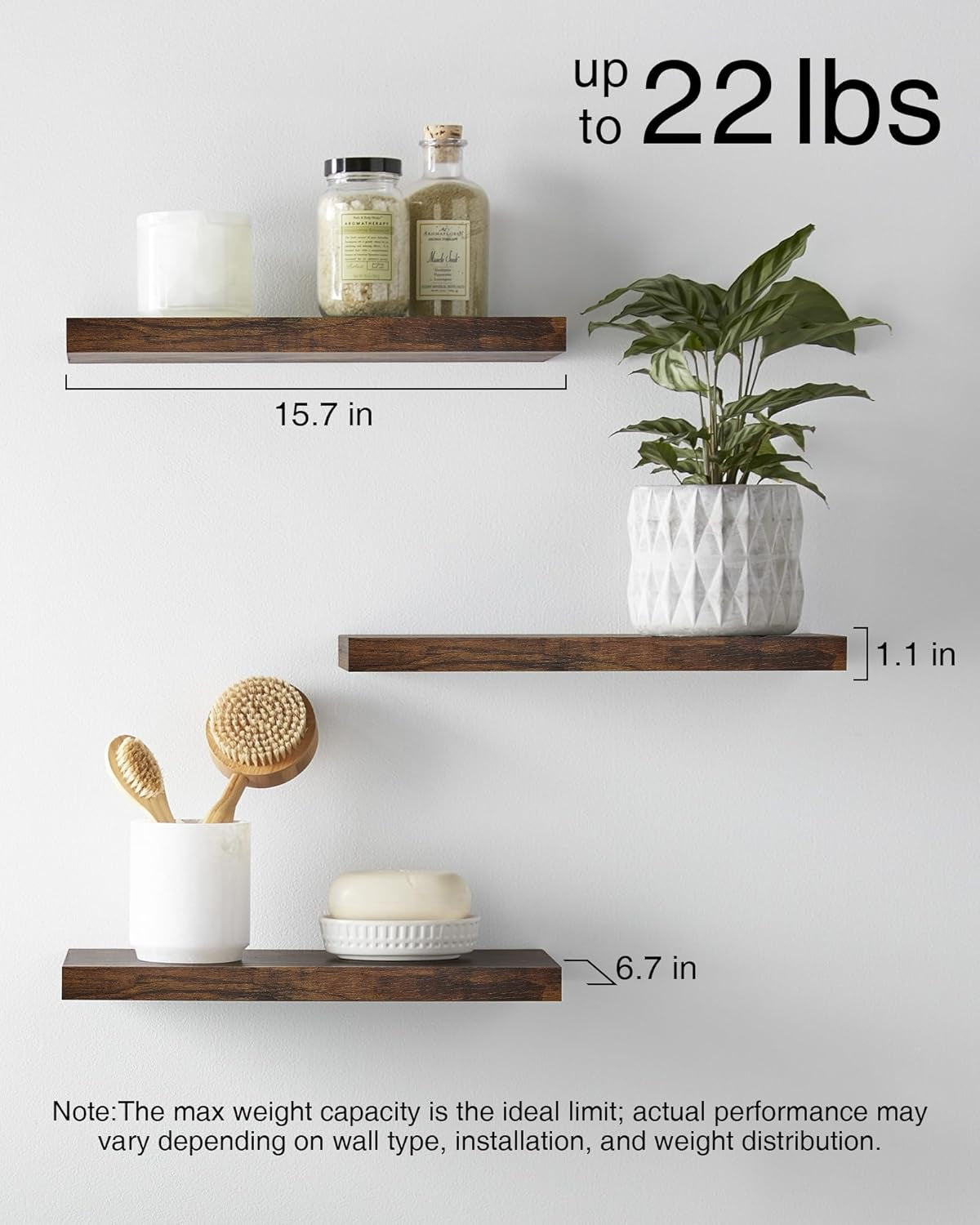 Floating Wood Shelves - Wall Mounted for Bathroom,Bedroom,Living Room,Kitchen,Small Hanging Shelf for Books/Storage/Room Decor with 22Lbs Capacity(Rustic Brown,Set of 3,15.7Inch)