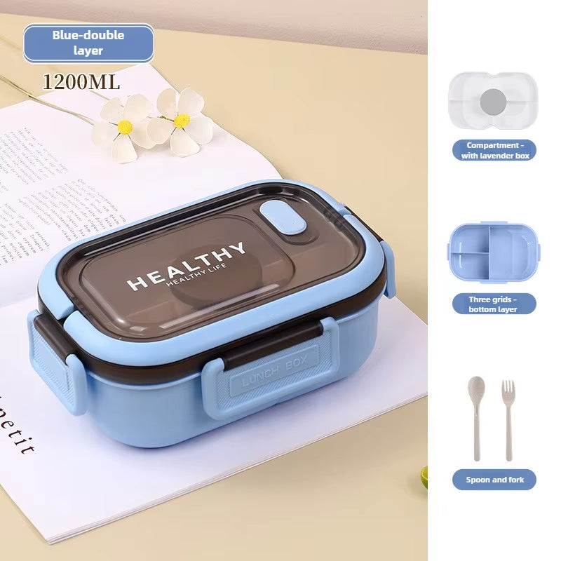 1200ML Double Layer Lunch Box Portable Compartment Salah Fruit Food Box Microwave Lunch Fork and Spoon Picnic Fresh Box