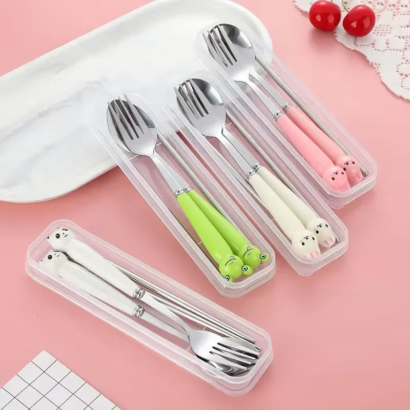 Portable Cartoon Tableware with Case Kitchen Utensils Reusable Flatware Silverware Include Fork Spoon for Children