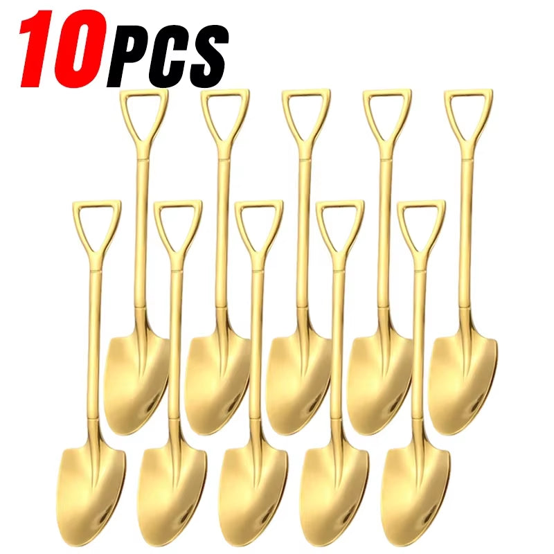 Stainless Steel Shovel Spoons Gold Silver Mini Coffee Teaspoon Fruit Ice Cream Dessert Spoon Scoops Kitchen Tableware Set 20/2Pc