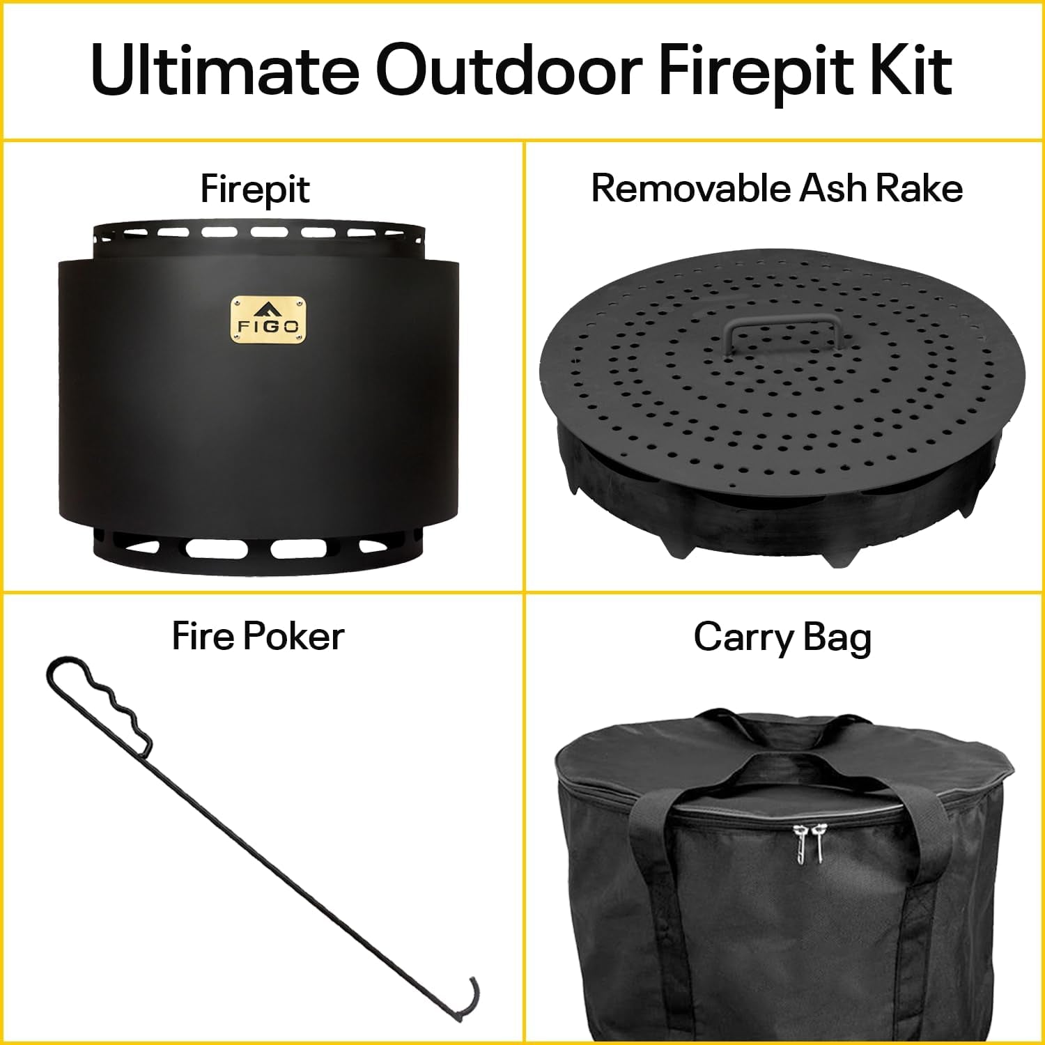 Portable Fire Pit - 18 Inch - Cast Iron - Wood Burning Fire Pits for outside with Stand, Removable Ash Rake, Fire Poker & Fire Pit Cover - Smokeless Firepit - Wood Fire Pits for Outside, Bonfire, BBQ