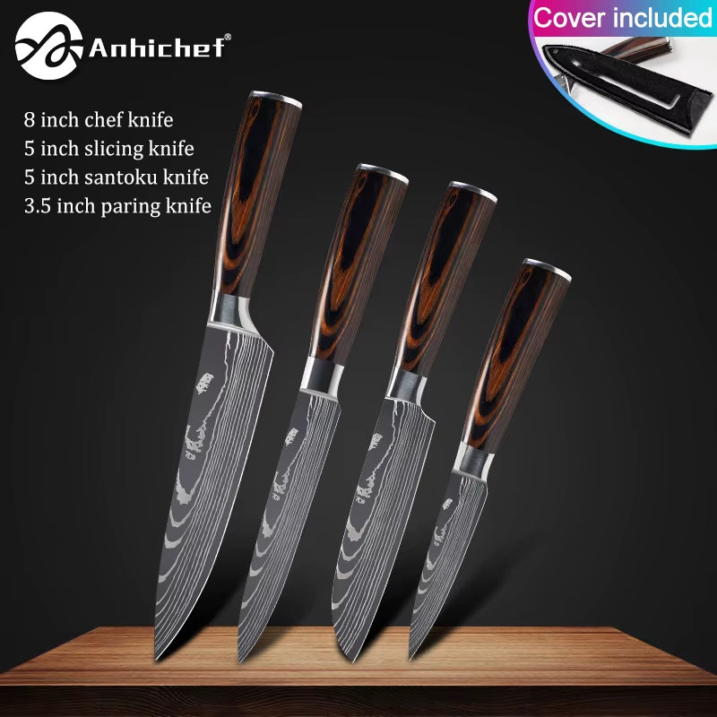 Professional Kitchen Knives Stainless Steel 7CR17 440C Laser Damascus Japanese Santoku Cleaver Slicing Utility Chef Knife Set