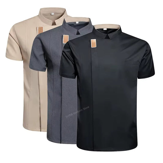 Kitchen Men Chef Suit Jacket Black Uniform Short Sleeve Restaurant Chef Coat Apron Work Clothes Chef Shorts Summer Breathable