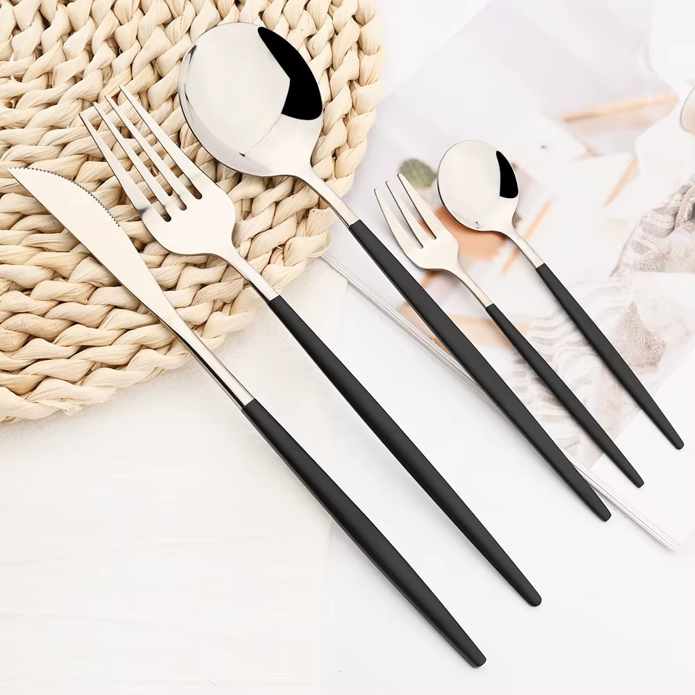 30Pcs Black Silver Cutlery Set Knife Fruit Forks Cake Fork Tea Spoon Dinnerware Stainless Steel Tableware Set Party Kitchen Tool