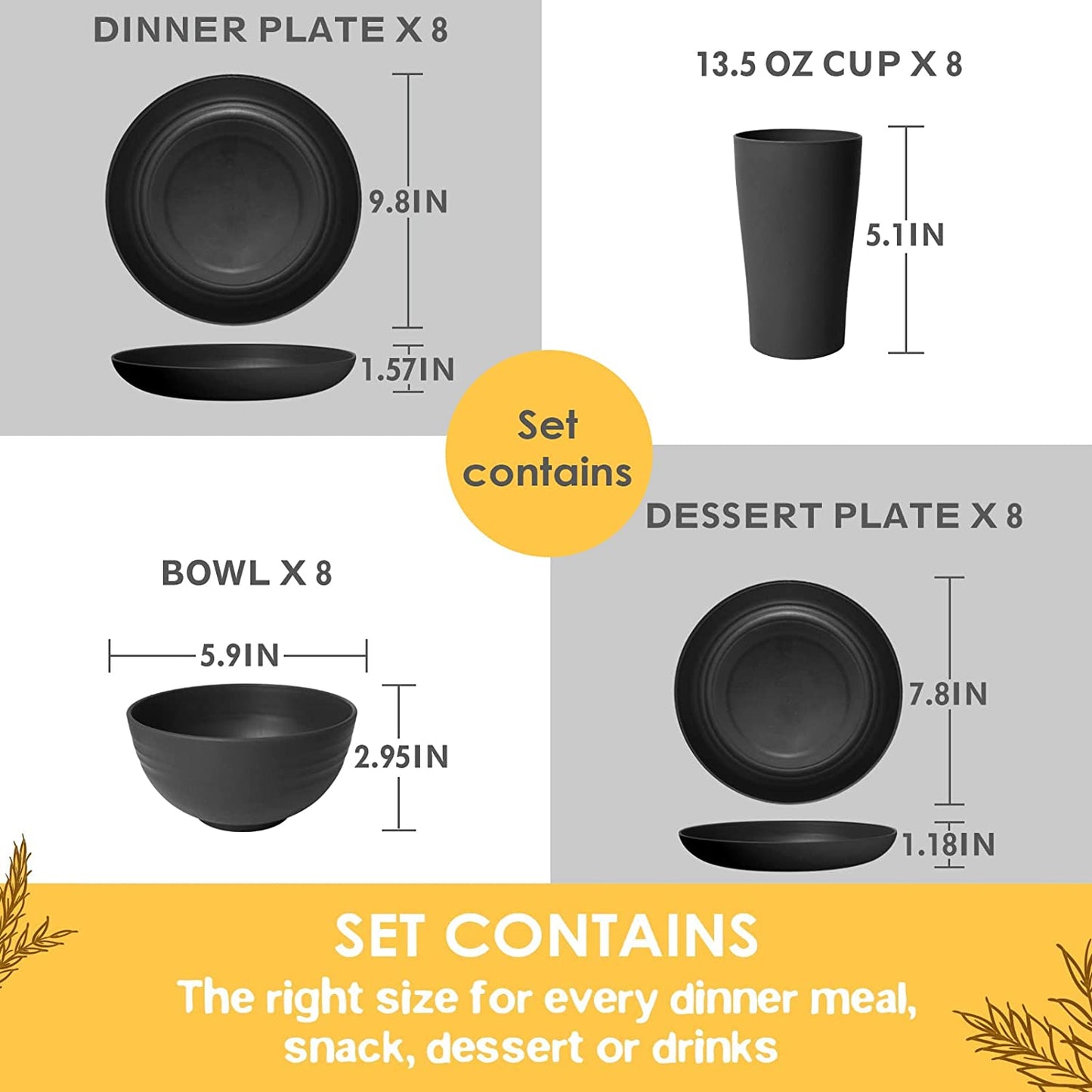 32-Piece Kitchen Plastic Wheat Straw Dinnerware Set, Service for 8, Unbreakable Modern Dish Set - Dinner Plate/Dessert Plate/Cereal Bowl/Cup, for Apartment Essentials, Outdoor Camping,Black