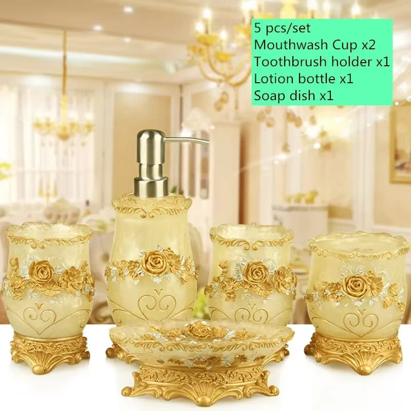 European Style Luxury Bathroom Accessories Set, Romantic Flowers, Antique Resin Wash Suit, Bathroom Supplies, Mouthwash Cup