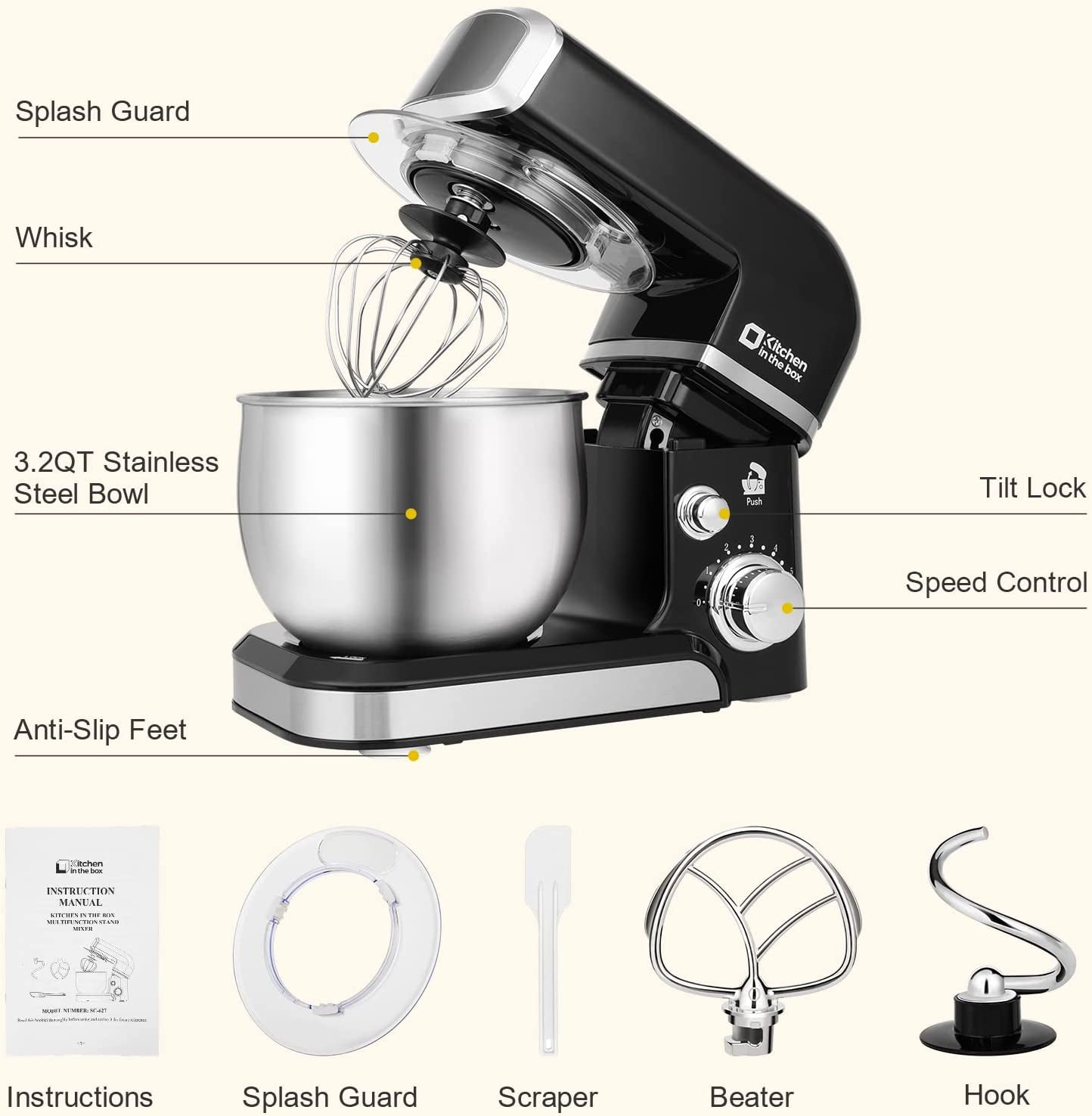 Stand Mixer,3.2Qt Small Electric Food Mixer,6 Speeds Portable Lightweight Kitchen Mixer for Daily Use with Egg Whisk,Dough Hook,Flat Beater (Black)