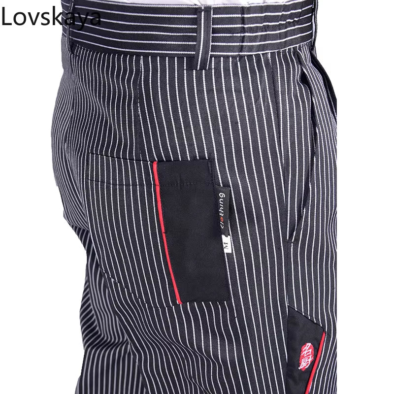 New Black and White Stripes Elastic Restaurant Uniform Head Chef Uniform Executive Chef Pants