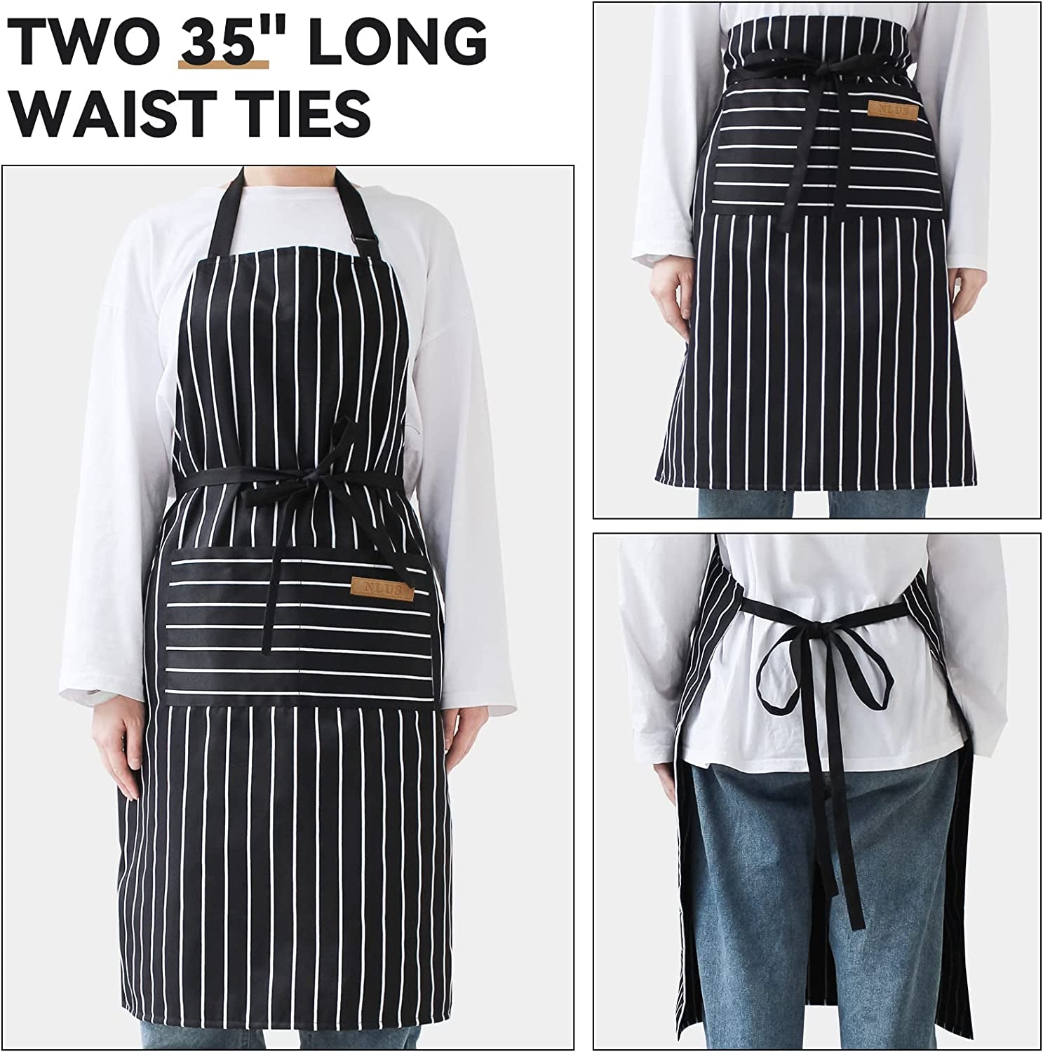 2 Pack Kitchen Cooking Aprons, Adjustable Bib Soft Chef Apron with 2 Pockets for Men Women(Black/Brown Stripes)