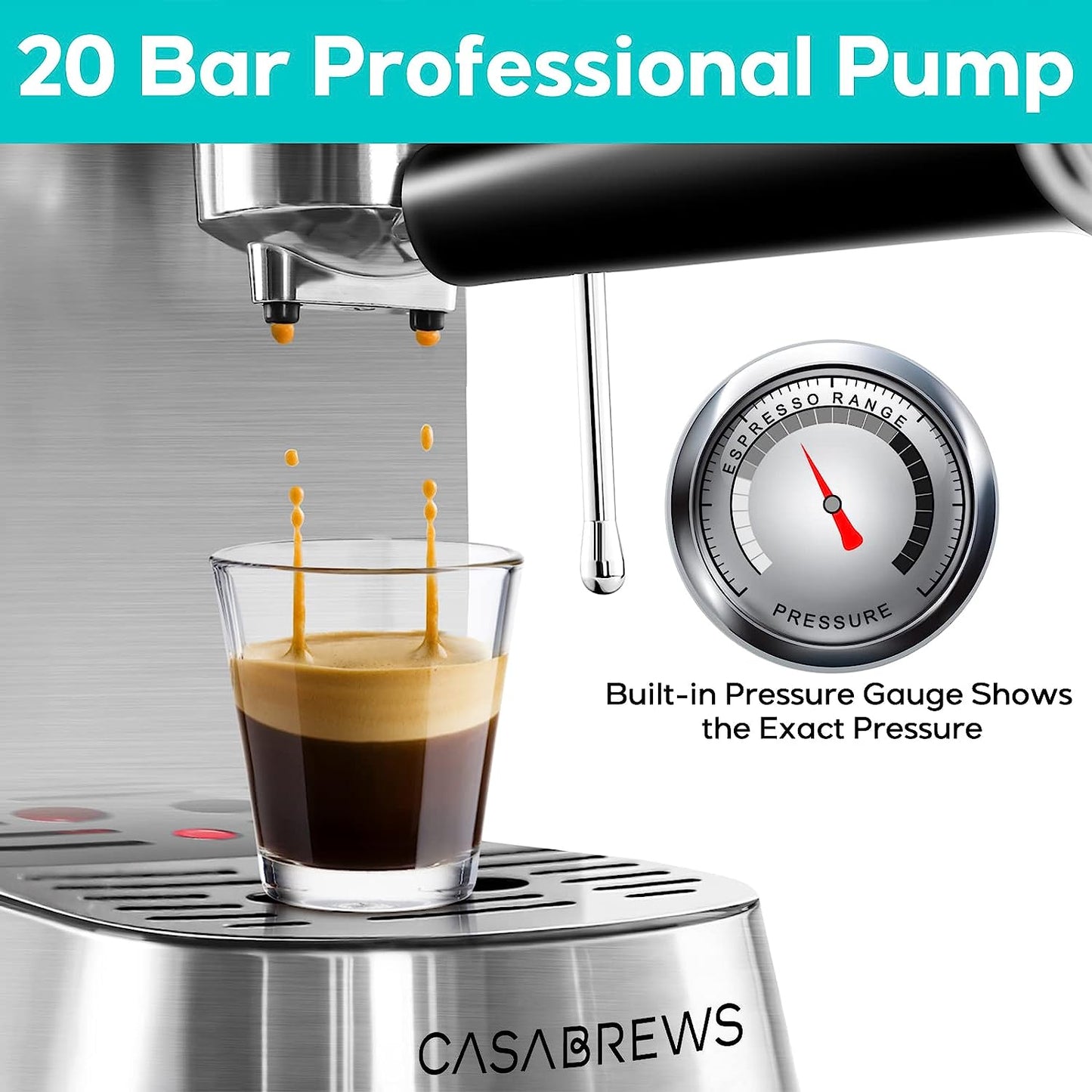 Espresso Machine 20 Bar, Professional Espresso Maker with Milk Frother Steam Wand, Compact Espresso Coffee Machine with 34Oz Removable Water Tank for Cappuccino, Latte, Silver