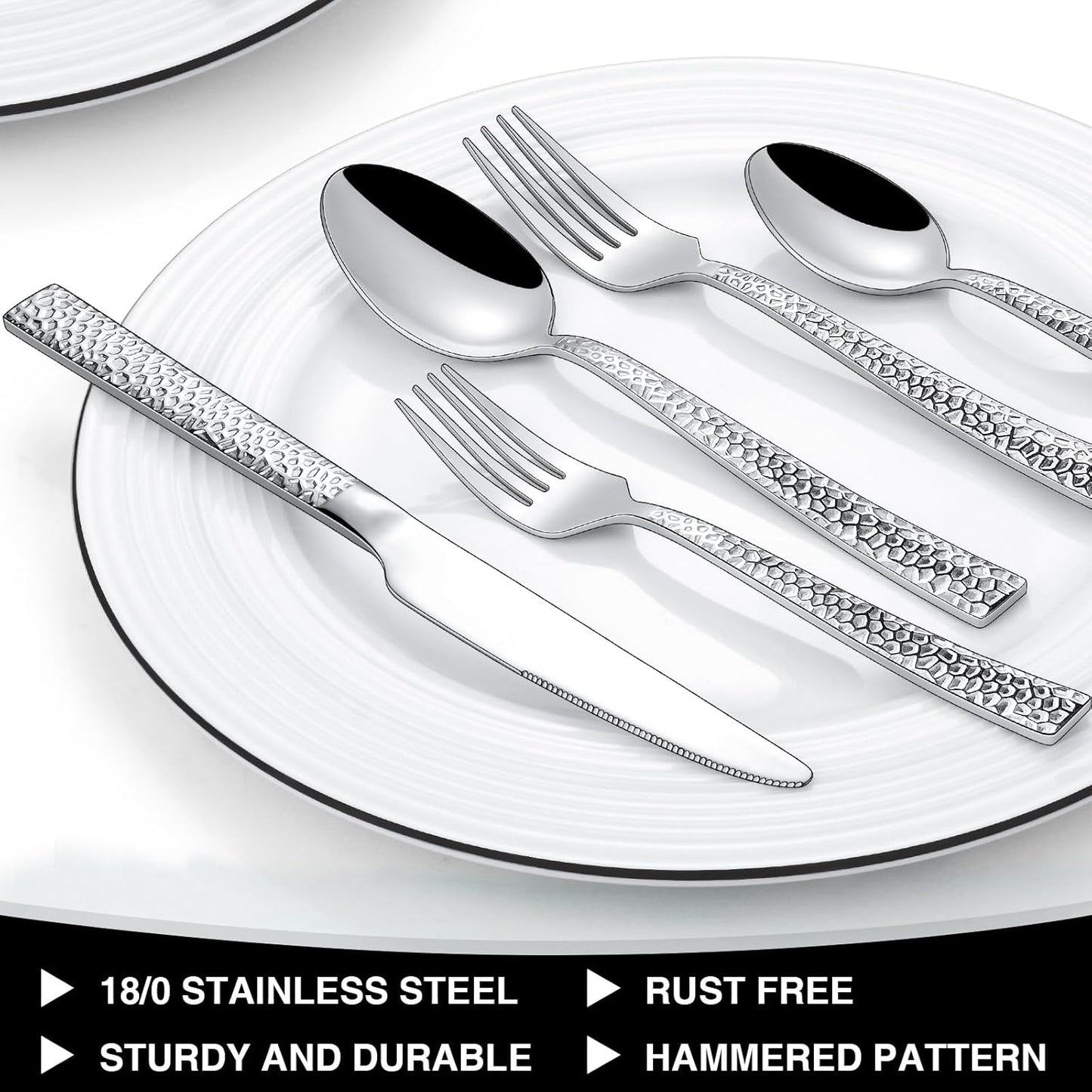 Hammered Silverware Set, 40-Piece Stainless Steel Square Flatware Set for 8, Food-Grade Tableware Cutlery Set, Utensil Sets for Home Restaurant, Mirror Finish, Dishwasher Safe