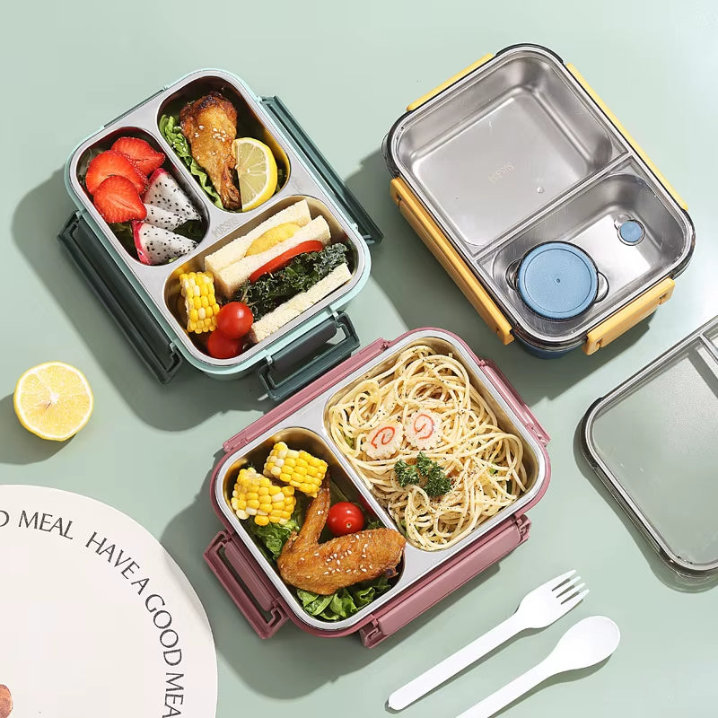 304 Stainless Steel Lunch Box with Tableware for Adults Kids Leakproof Lunch Container Portable Grids Bento Box Food Containers