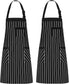 2 Pack Kitchen Cooking Aprons, Adjustable Bib Soft Chef Apron with 2 Pockets for Men Women(Black/Brown Stripes)