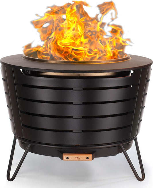 Brand Smokeless 25 In. Patio Fire Pit, Wood Burning Outdoor Fire Pit - Includes Wood Pack, Modern Design with Removable Ash Pan and Weather Resistant Cover, Black